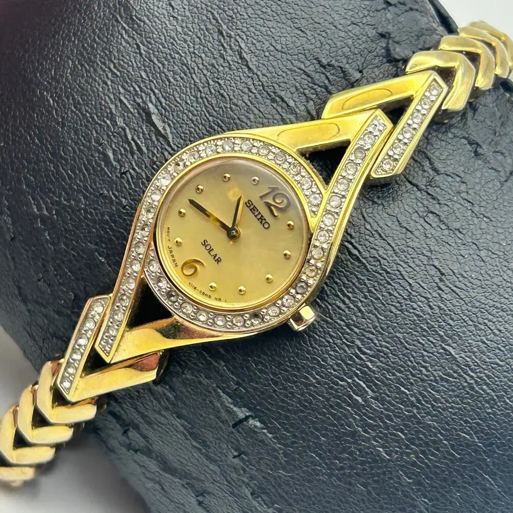 Seiko Gold-tone Crystal Bezel Accents Solar Powered Ladies Watch New Battery